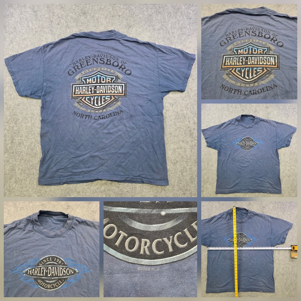 VTG 2005 Harley Davidson T Shirt Mens XL? Blue Greensboro NC Flames Graphic Tee